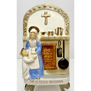 Vtg Religious Ceramic Wall Plaque “The Kitchen Madonna” Japan 7.5"H Kitsch Retro